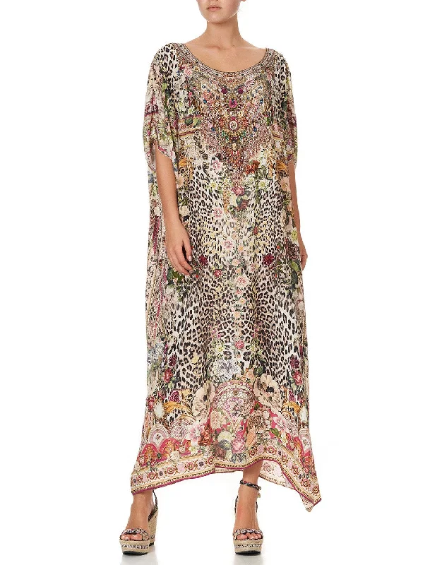 Mini - length cover ups for a more daring and youthful beach styleRound Neck Crystal Embellished Silk Kaftan Anarchy at Annabels Mini - length cover ups for a more daring and youthful beach styleRound Neck Crystal Embellished Silk Kaftan Anarchy at Annabels