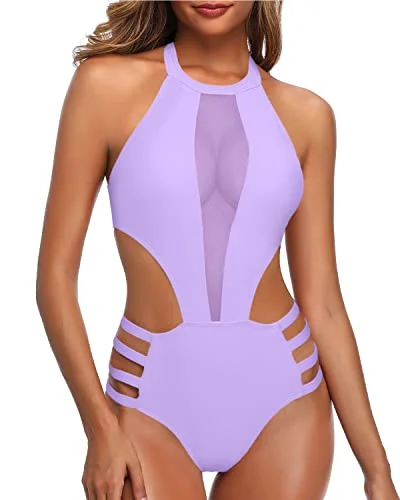 Plus Size Women's Boho - Style One - Pieces in Multicolor with Tassels for a Festival VibeCutout Halter High Neck Backless One Piece Swimsuit-Light Purple Plus Size Women's Boho - Style One - Pieces in Multicolor with Tassels for a Festival VibeCutout Halter High Neck Backless One Piece Swimsuit-Light Purple