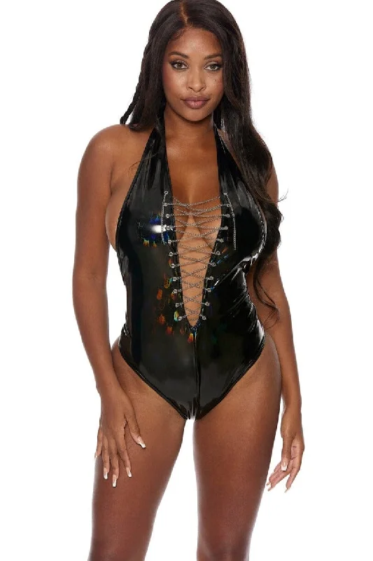 Plus - Size Bodysuits with a Comfortable and Flattering FitFeather Vinyl 1 piece Bodysuit with Lace Up Chain