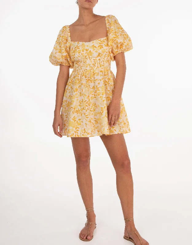 One - size - fits - all cover ups for convenient and hassle - free shoppingLinen Smocked Mini Dress, Daffodil Yellow Floral One - size - fits - all cover ups for convenient and hassle - free shoppingLinen Smocked Mini Dress, Daffodil Yellow Floral
