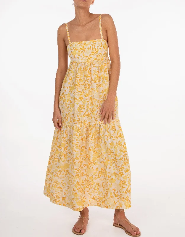 Sequined cover ups for a glamorous poolside eveningLinen Tiered Maxi Dress, Daffodil Yellow Floral Sequined cover ups for a glamorous poolside eveningLinen Tiered Maxi Dress, Daffodil Yellow Floral