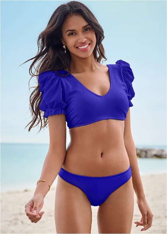 Women's Seersucker - Textured Swim Tops in Light Blue for a Preppy Beach AestheticPuff Sleeve Top - Cobalt Blue Women's Seersucker - Textured Swim Tops in Light Blue for a Preppy Beach AestheticPuff Sleeve Top - Cobalt Blue
