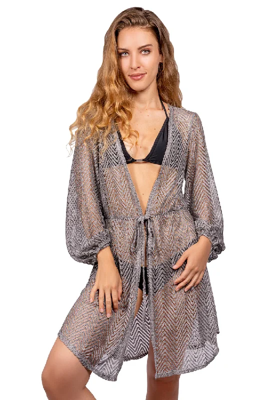 V - neck cover ups for a flattering necklineSHORT DUSTER WITH LONG SLEEVE AND TIE BELT - BELIZE V - neck cover ups for a flattering necklineSHORT DUSTER WITH LONG SLEEVE AND TIE BELT - BELIZE