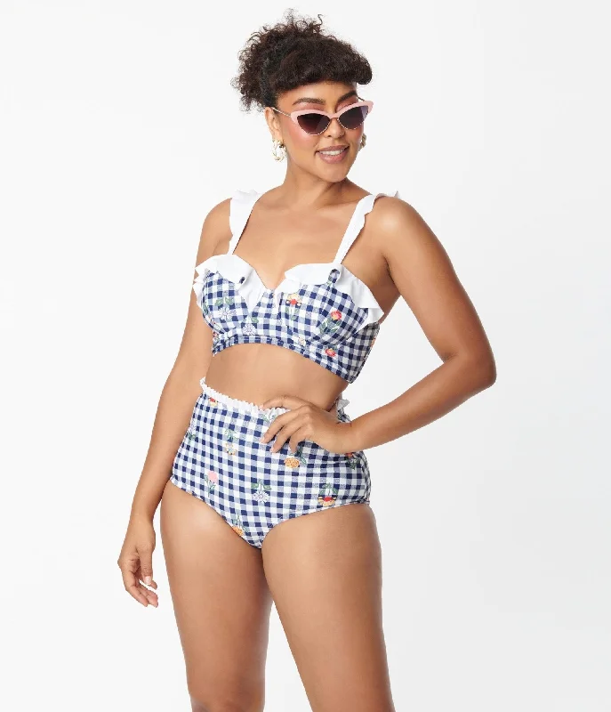 Women's Mesh - Inserted Swim Tops in Black for a Sexy and Modern Beach EnsembleUnique Vintage Navy Gingham & Floral Southampton Swim Top Women's Mesh - Inserted Swim Tops in Black for a Sexy and Modern Beach EnsembleUnique Vintage Navy Gingham & Floral Southampton Swim Top