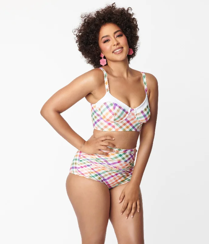 Women's Long - Sleeve Rash Guard Swim Tops in Black for Sun Protection and SurfingUnique Vintage Pastel Madras Gingham Marlene Crop Swim Top Women's Long - Sleeve Rash Guard Swim Tops in Black for Sun Protection and SurfingUnique Vintage Pastel Madras Gingham Marlene Crop Swim Top