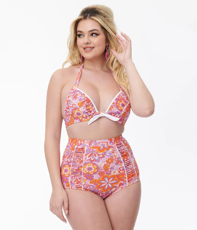 Women's Wireless Sports Swim Tops in Gray for Comfort during Water WorkoutsUnique Vintage Purple & Orange Bohemian Floral Print Halter Swim Top Women's Wireless Sports Swim Tops in Gray for Comfort during Water WorkoutsUnique Vintage Purple & Orange Bohemian Floral Print Halter Swim Top
