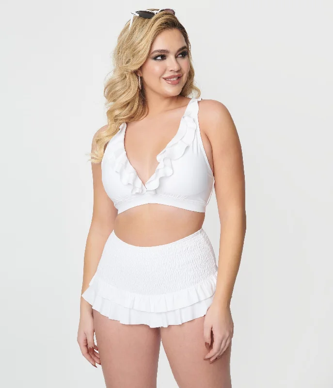 Women's Cut - Out Swim Tops in White with Geometric Shapes for an Edgy Beach StyleUnique Vintage White Ruffle Halter Swim Top Women's Cut - Out Swim Tops in White with Geometric Shapes for an Edgy Beach StyleUnique Vintage White Ruffle Halter Swim Top