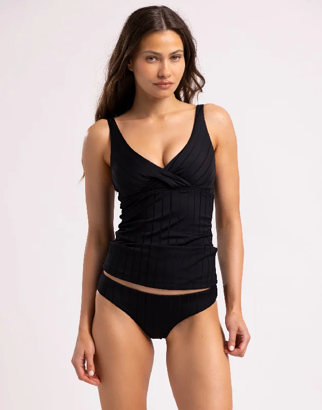 Plus Size Women's Floral - Embroidery Swim Tops in Cream for a Delicate and Elegant AppearanceVivian Tankini Top - Black Shiny Wide Rib Plus Size Women's Floral - Embroidery Swim Tops in Cream for a Delicate and Elegant AppearanceVivian Tankini Top - Black Shiny Wide Rib