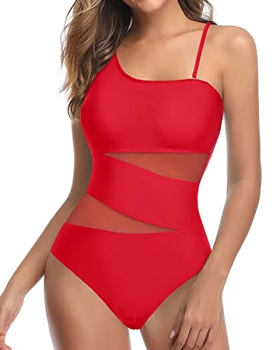 Plus Size Women's Striped One - Pieces in Navy and White for a Nautical - Inspired EnsembleTummy Control Mesh One Piece Swimsuit For Curvy Women-Red Plus Size Women's Striped One - Pieces in Navy and White for a Nautical - Inspired EnsembleTummy Control Mesh One Piece Swimsuit For Curvy Women-Red