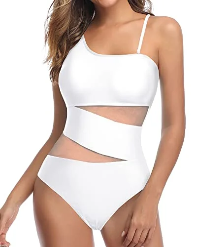 Plus Size Women's Button - Down One - Pieces in Light Blue for a Casual and Comfortable Day OutWomen One Shoulder One Piece Mesh Tummy Control Swimsuits-White Plus Size Women's Button - Down One - Pieces in Light Blue for a Casual and Comfortable Day OutWomen One Shoulder One Piece Mesh Tummy Control Swimsuits-White