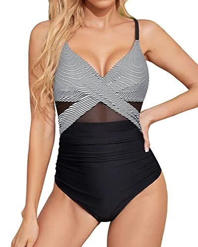 Women's Sheer Paneled One - Pieces in White for a Delicate and Elegant Evening AppearanceWomen's Cutout V Neck Push Up Tummy Control One Piece Swimwear-Black White Women's Sheer Paneled One - Pieces in White for a Delicate and Elegant Evening AppearanceWomen's Cutout V Neck Push Up Tummy Control One Piece Swimwear-Black White