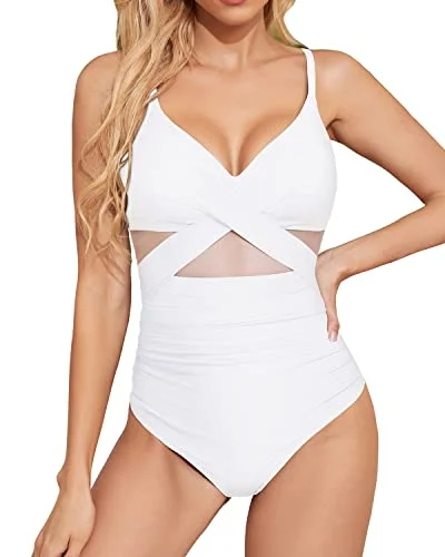 Plus Size Women's Button - Down One - Pieces in Light Blue for a Casual and Comfortable Day OutTummy Control Cutout Mesh One Piece Bathing Suits For Women-White Plus Size Women's Button - Down One - Pieces in Light Blue for a Casual and Comfortable Day OutTummy Control Cutout Mesh One Piece Bathing Suits For Women-White
