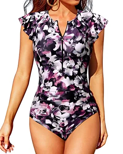 Women's Sleeveless Backless One - Pieces in Black with Cut - Out Details for a Sexy Beach LookOne Piece Zip Front Short Sleeve Rash Guard For Women-Purple Floral Women's Sleeveless Backless One - Pieces in Black with Cut - Out Details for a Sexy Beach LookOne Piece Zip Front Short Sleeve Rash Guard For Women-Purple Floral